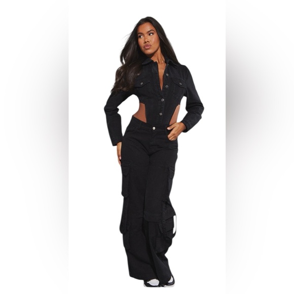 PRETTY LITTLE THING WASHED BLACK POCKET FRONT DENIM JACKET HIGH SIDE BODYSUIT - Picture 2 of 9